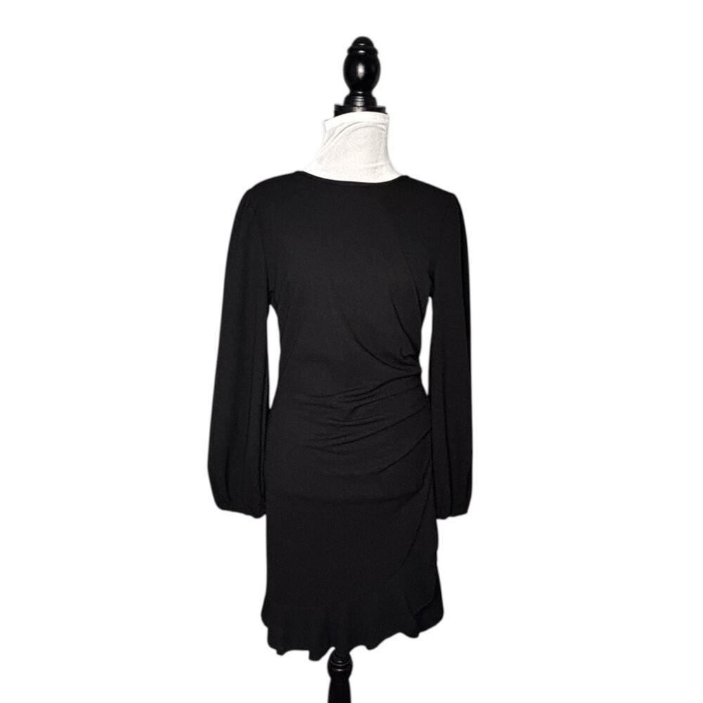 Ruched Ruffle Hem Dress Long Sleeve Black Size Medium